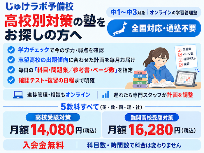 じゅけラボ予備校 高校別対策の塾をお探しの方へ。中1〜中3対象、オンラインの学習管理塾。全国対応・通塾不要。学力チェックで今の学力・弱点を確認。志望高校の出題傾向に合わせた計画を毎月お届け。毎日の「科目・問題集／参考書・ページ数」を指定。確認テスト・復習の日程まで明確。進捗管理・相談もオンライン。遅れたら専門スタッフが計画を調整。5教科すべて（英・数・国・理・社）。高校受験対策 月額14,080円（税込）、難関高校受験対策 月額16,280円（税込）。入会金無料。科目数・時間数で科金は変わりません