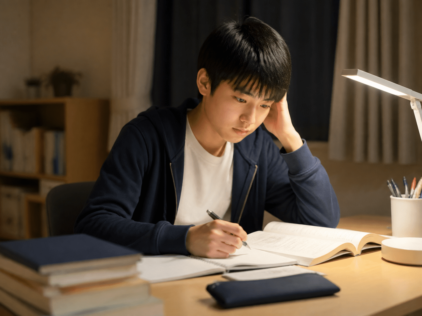 夜に机で問題に悩む生徒