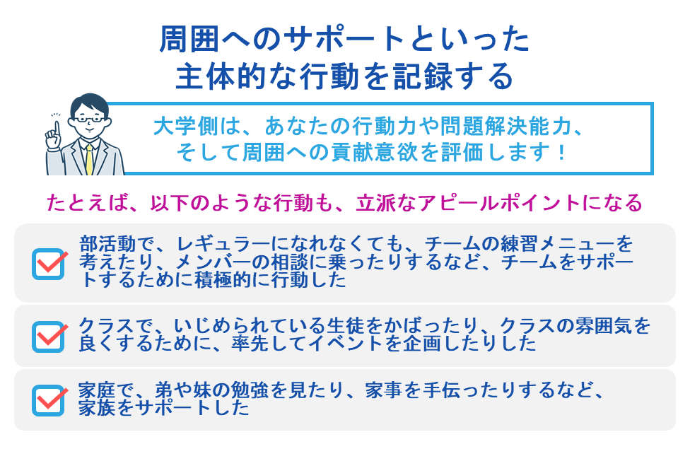 周囲へのサポートといった主体的な行動を記録する