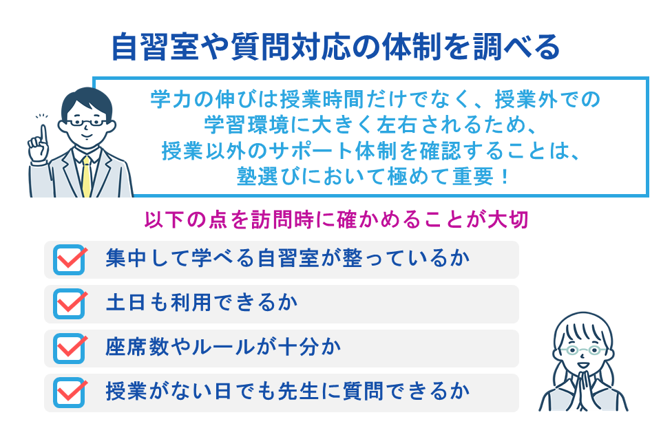 自習室や質問対応の体制を調べる