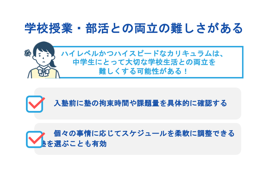 学校授業・部活との両立の難しさがある