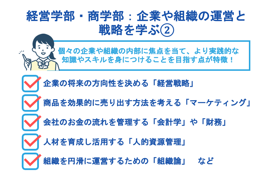 経営学部・商学部：企業や組織の運営と戦略を学ぶ