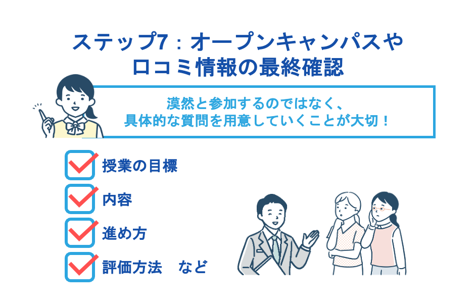 ステップ7：オープンキャンパスや口コミ情報の最終確認