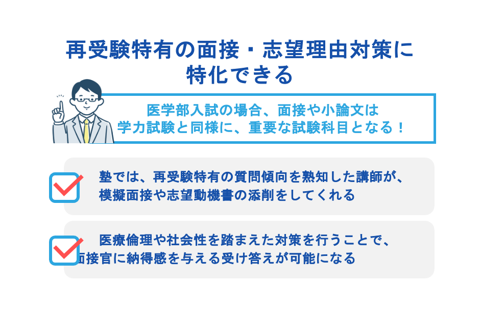 再受験特有の面接・志望理由対策に特化できる