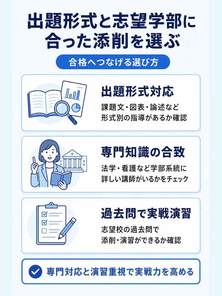 出題形式や志望学部に対応したサービスを選ぶことが重要