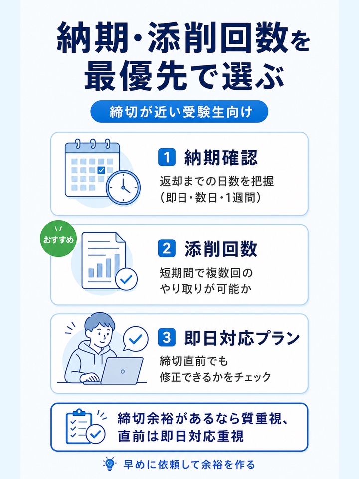 出願期限が近い人は納期と添削回数を確認して選ぶ
