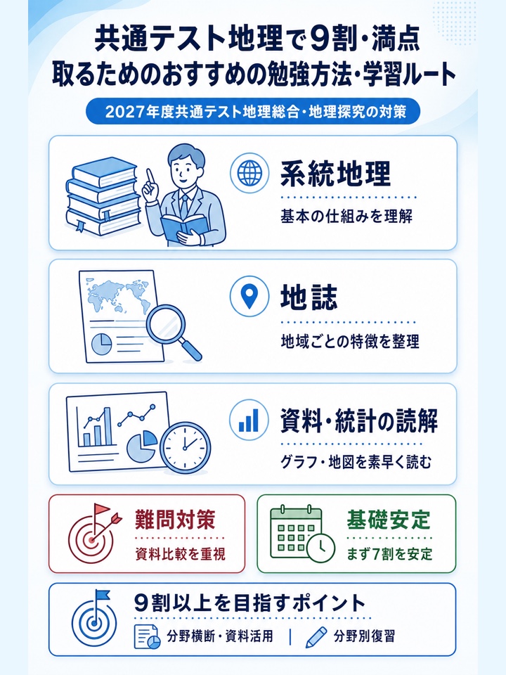 共通テスト地理で9割・満点取るためのおすすめの勉強方法・学習ルート