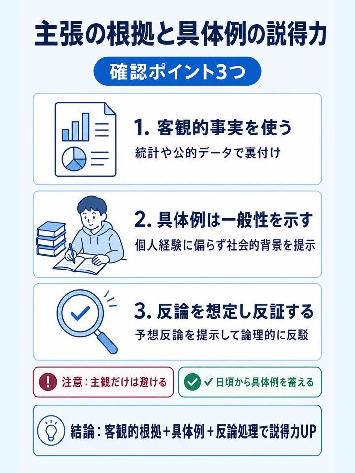 主張に対する根拠や具体例に説得力があるか
