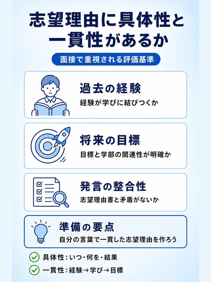 志望理由に具体性と一貫性があるか