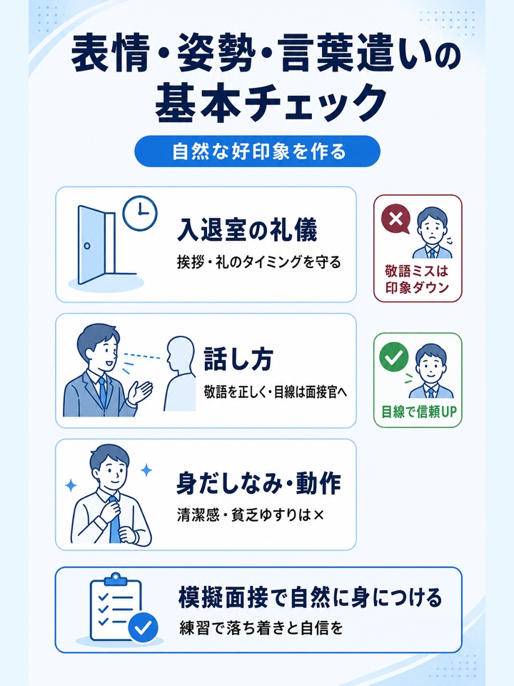 表情・姿勢・言葉遣いなど基本的な印象に問題がないか