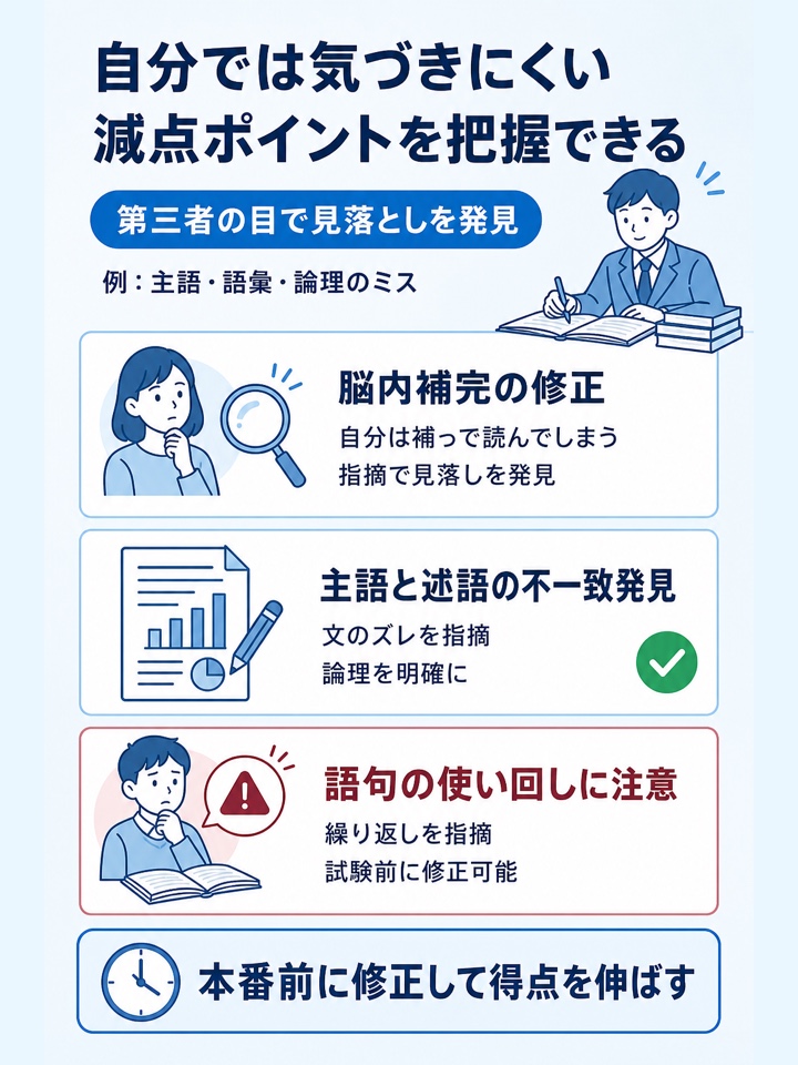 自分では気づきにくい減点ポイントを把握できる