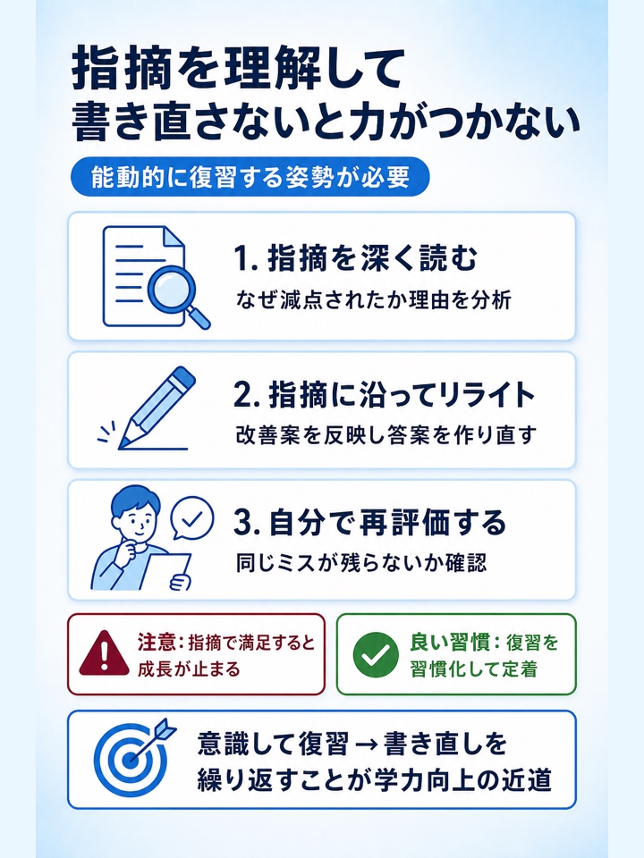 指摘内容を理解して書き直さないと力がつきにくい