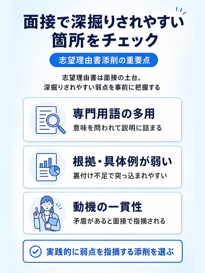 面接で深掘りされやすいポイントまで指摘してもらえるか