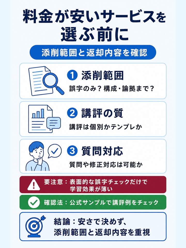 料金が安いサービスを選ぶときは添削範囲と返却内容を確認する