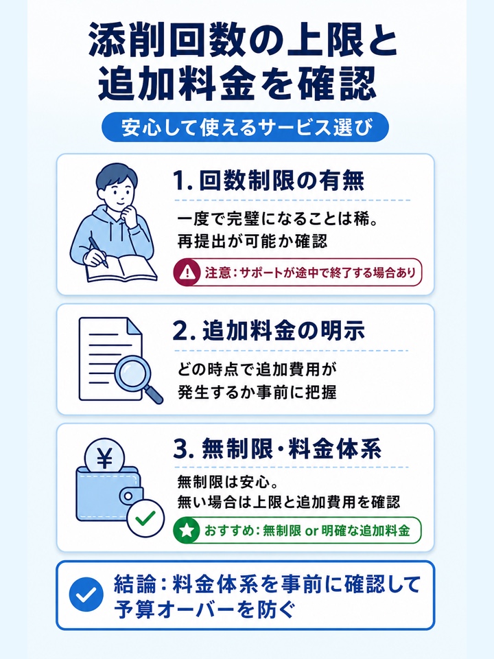 添削回数の上限や追加料金の有無を確認する