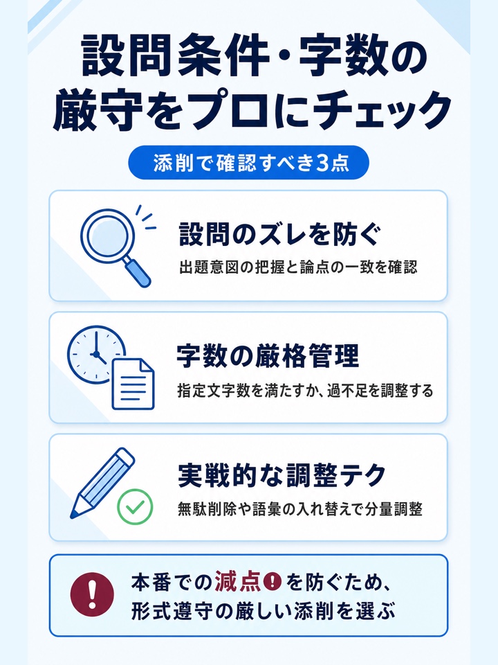 設問条件や字数条件への適合を確認してもらえるか
