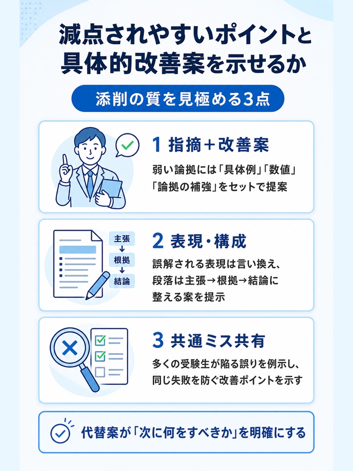 減点されやすいポイントや改善案を具体的に示してもらえるか