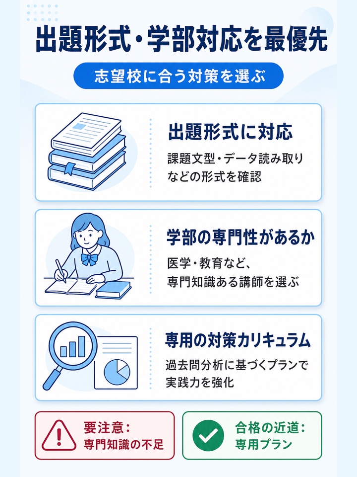 志望校の出題形式や学部・分野に対応しているかで選ぶ