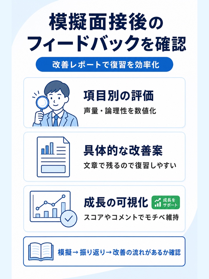 模擬面接後のフィードバックや改善レポートがあるか確認する
