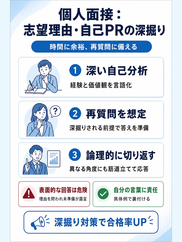 個人面接は志望理由や自己PRの深掘り対策が重要