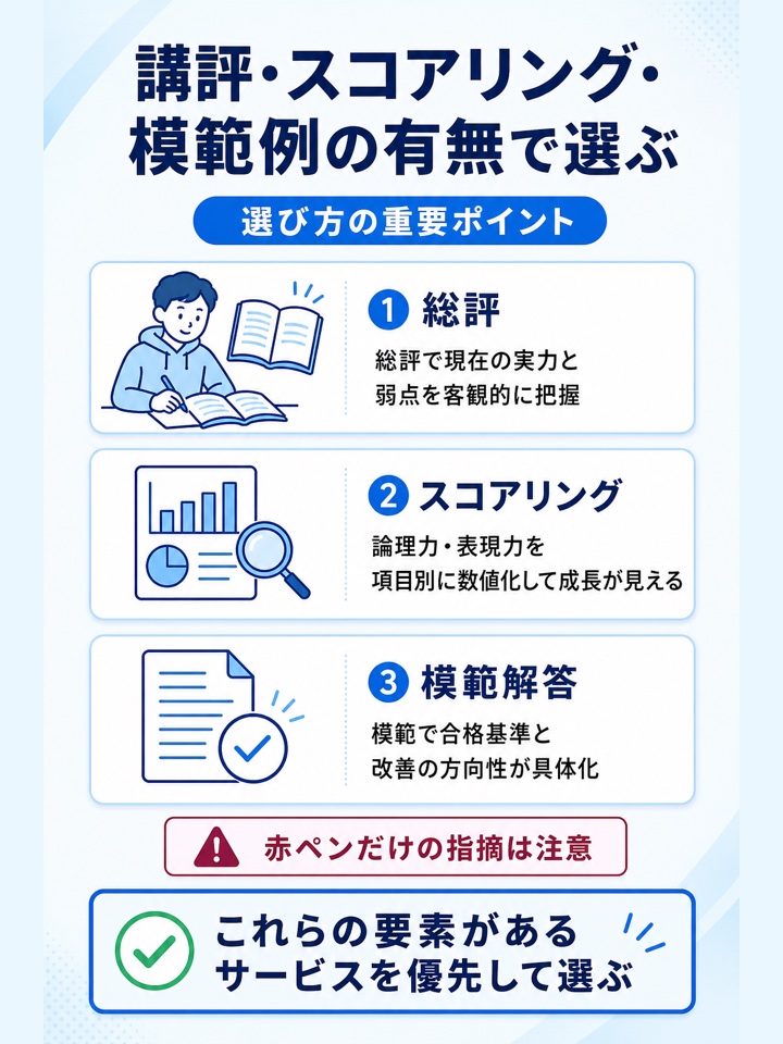講評・スコアリング・模範例の有無で選ぶ