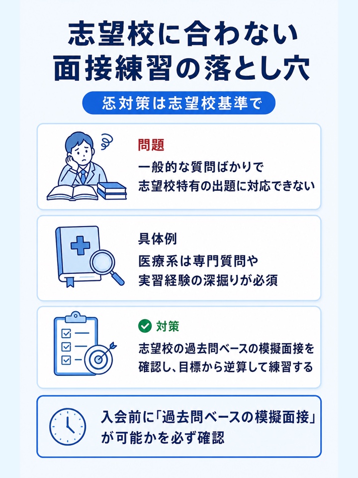 志望校や学部に合わない一般的な面接練習だけで終わってしまう