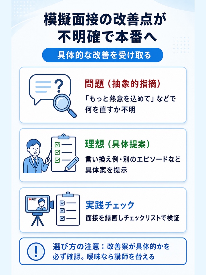 模擬面接後の改善点がわからないまま本番を迎えてしまう