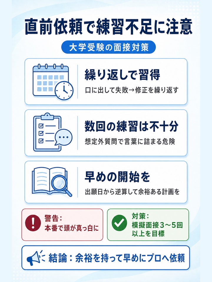 本番直前に依頼して練習回数を十分に確保できない