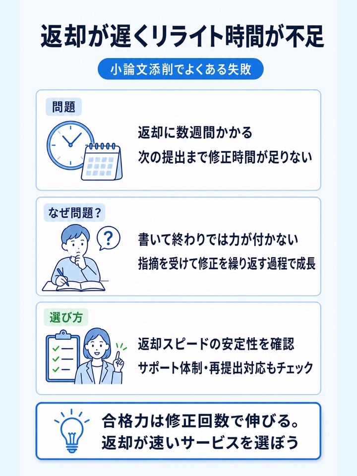 返却が遅くリライトや再提出の時間を確保できない