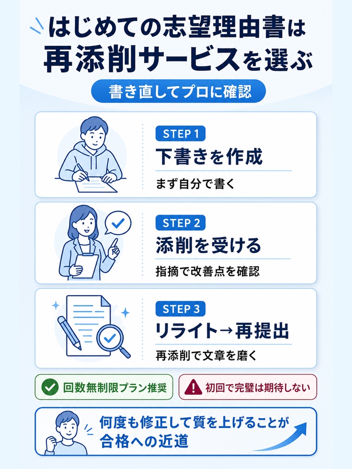 はじめて志望理由書を書く人はリライト後の再添削があるサービスを選ぶ