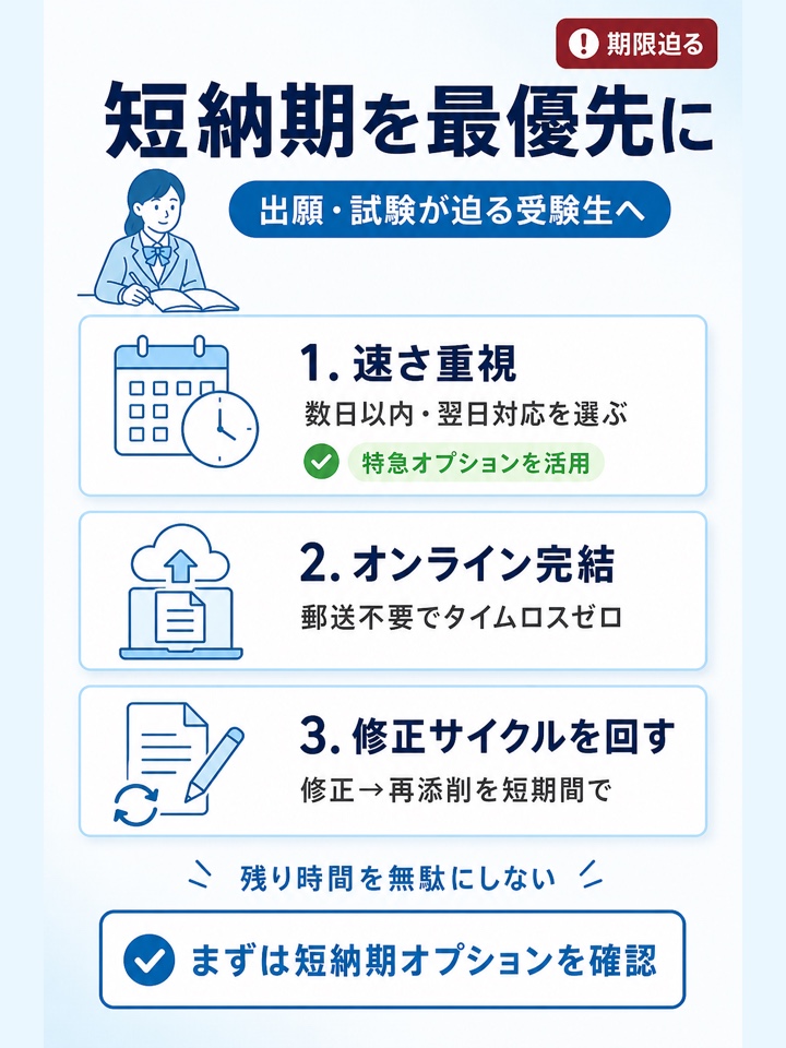 出願・試験本番が近い人は短納期で返却されるサービスを選ぶ
