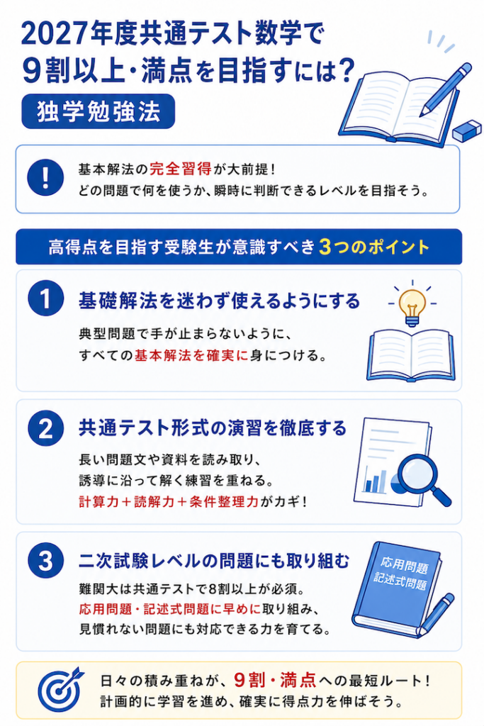 2027年度共通テスト数学で9割以上・満点を目指すには?独学勉強法