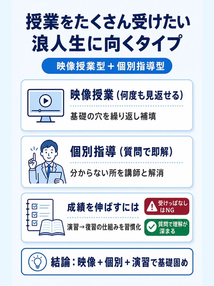 授業をたくさん受けたい浪人生は「映像授業型・個別指導型」が合いやすい
