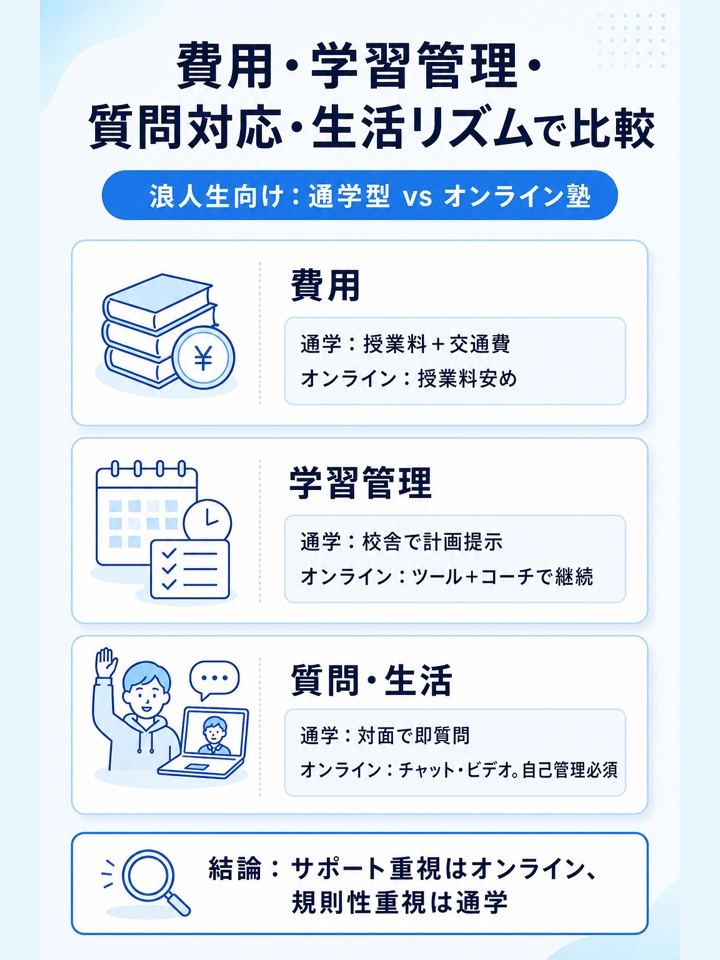 費用・学習管理・質問対応・生活リズムで比較する
