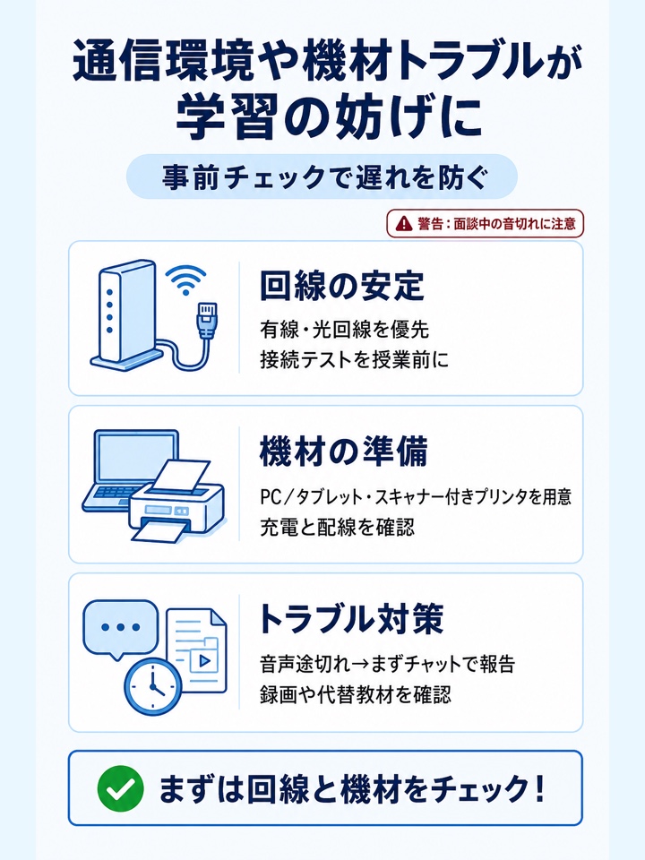 通信環境や機材トラブルが学習の妨げになる