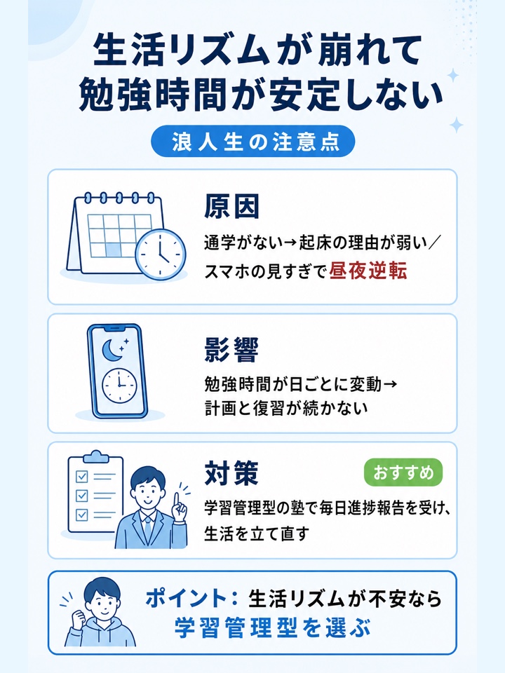 生活リズムが崩れて勉強時間が安定しない