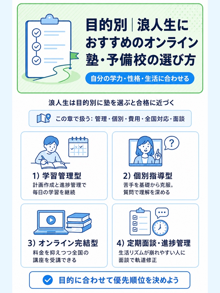 目的別|浪人生におすすめのオンライン塾・予備校の選び方