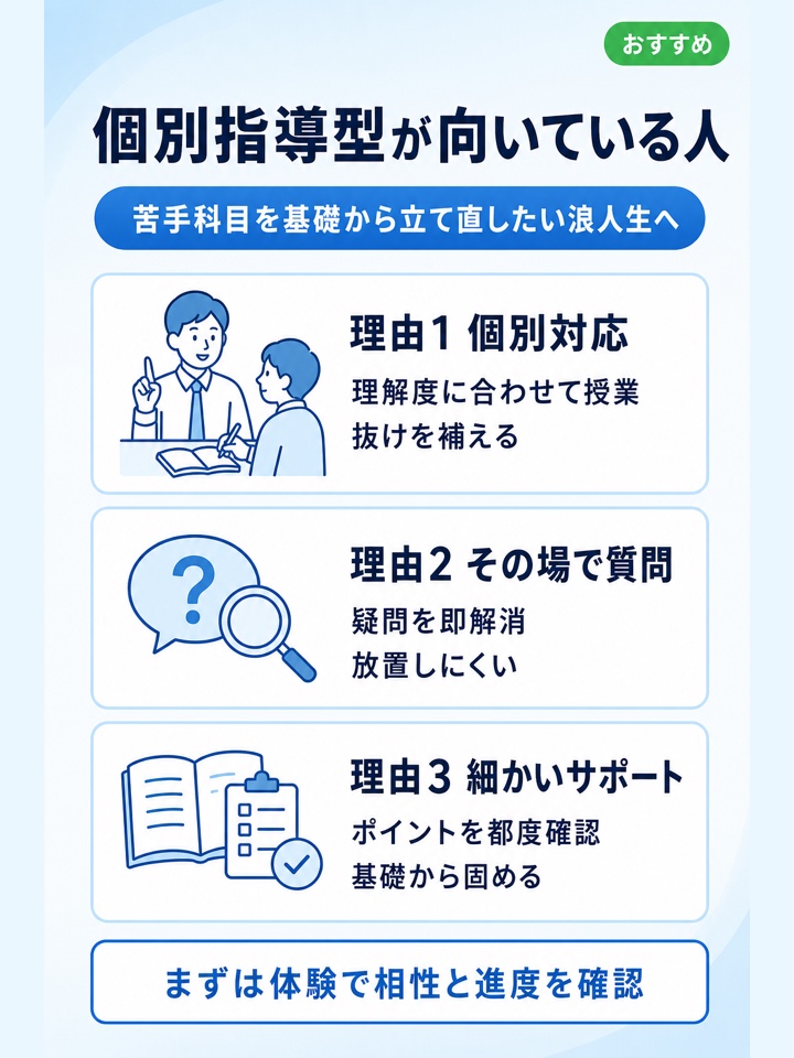 苦手科目を基礎から教えてほしい人は個別指導型がおすすめ