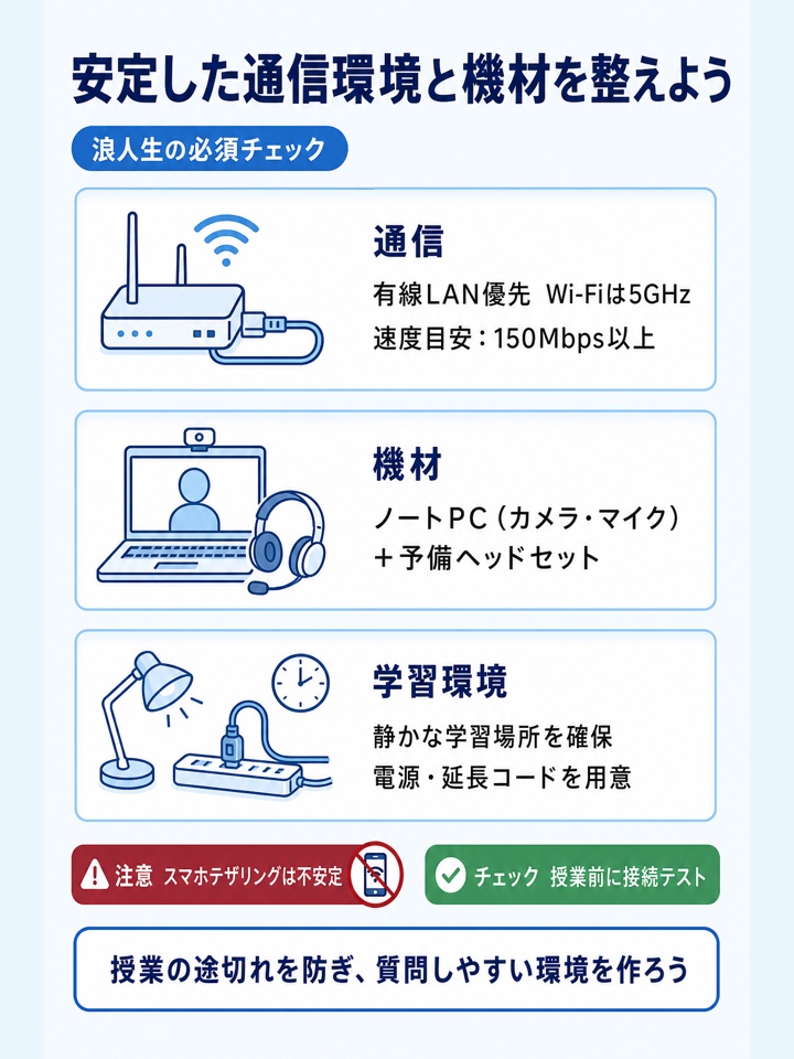 安定した通信環境と必要な機材を準備する