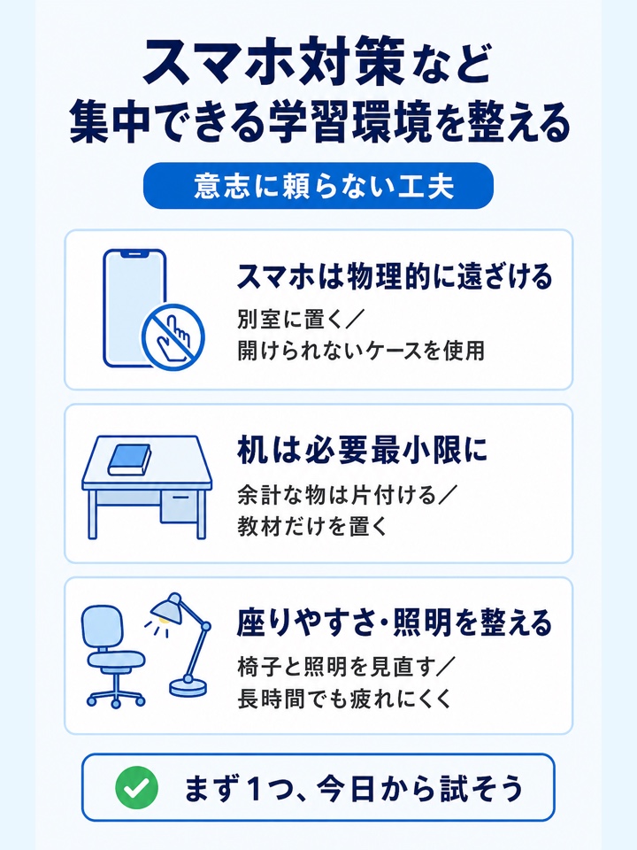 スマホ対策など集中できる学習環境を整える