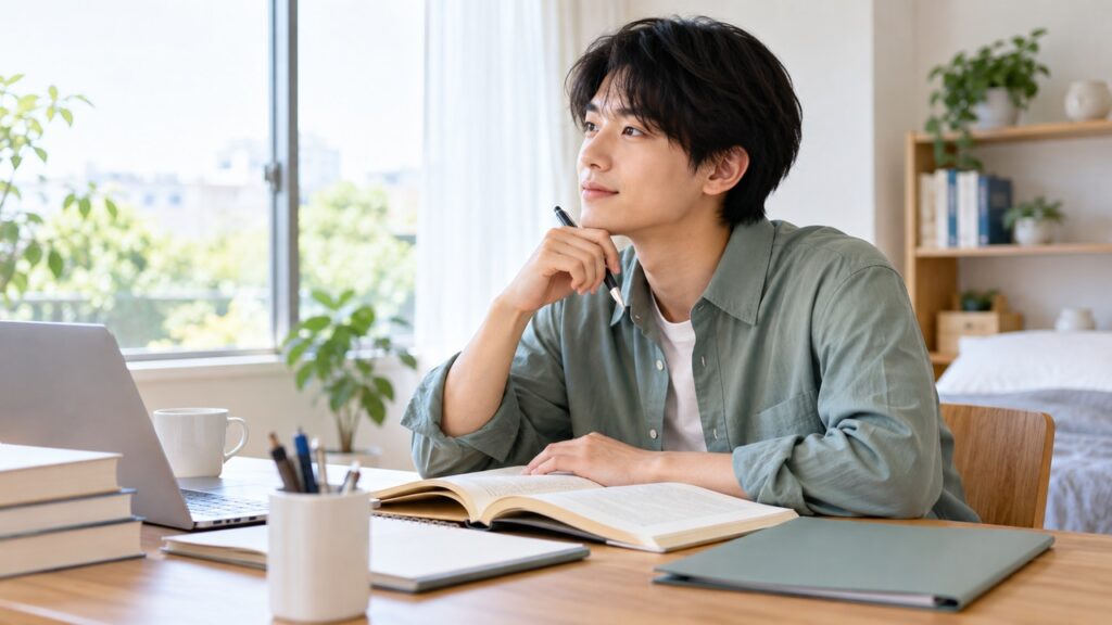 自宅で教材を開き大学進学に向けて勉強する若者
