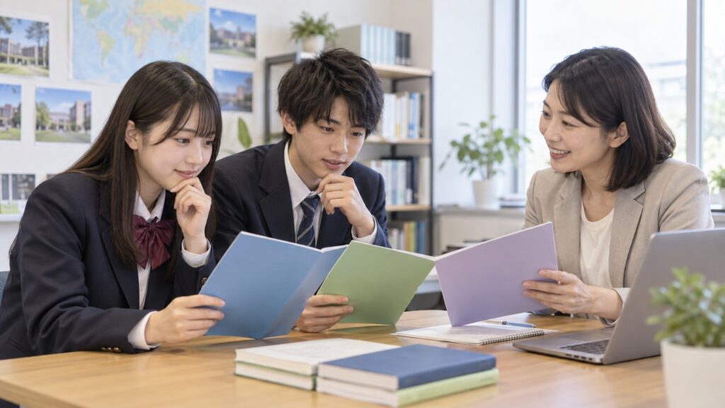 進路相談で複数の大学案内を比較する高校生のイメージ
