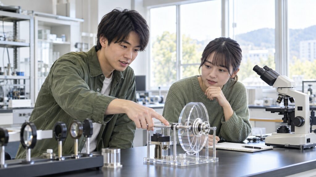 明るい大学実験室で観察装置と工学模型について話す学生たち