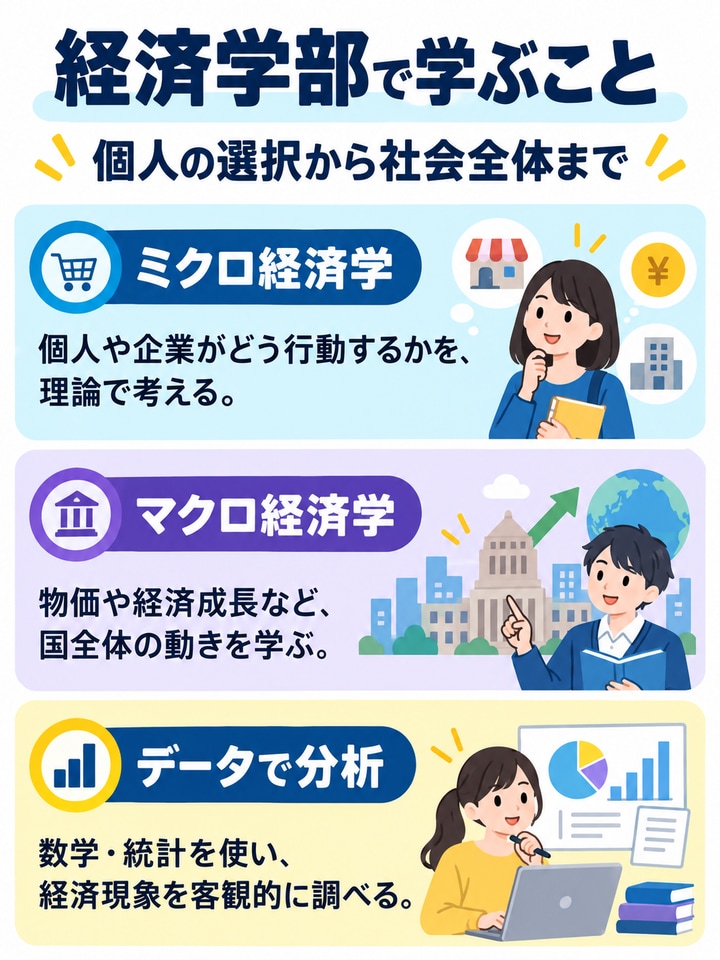 経済学部で学ぶことを解説する図。ミクロ経済学、マクロ経済学、データで分析。