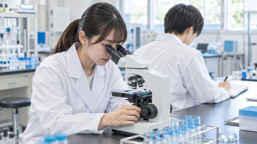 顕微鏡で標本を観察し記録を取る理学系の学生