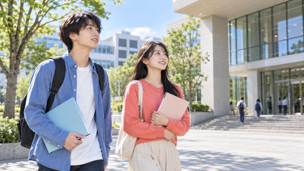 大学キャンパスを見学する若者
