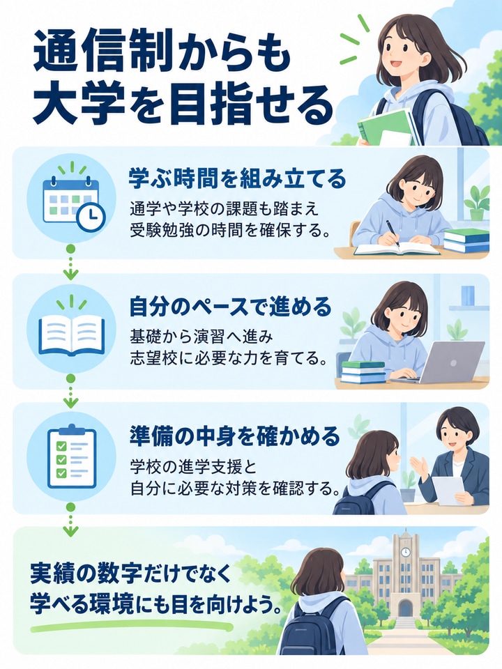 通信制高校から大学を目指すために、学習時間・学習ペース・進学支援を確認するポイント