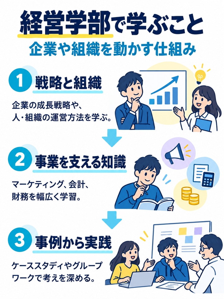 経営学部で学ぶことを解説する図。戦略と組織、事業を支える知識、事例から実践。