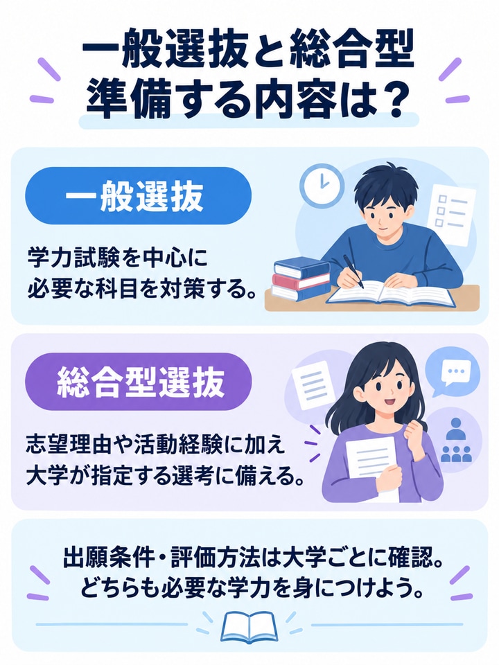 一般選抜と総合型選抜で準備する内容と、大学ごとの条件確認をまとめた比較図