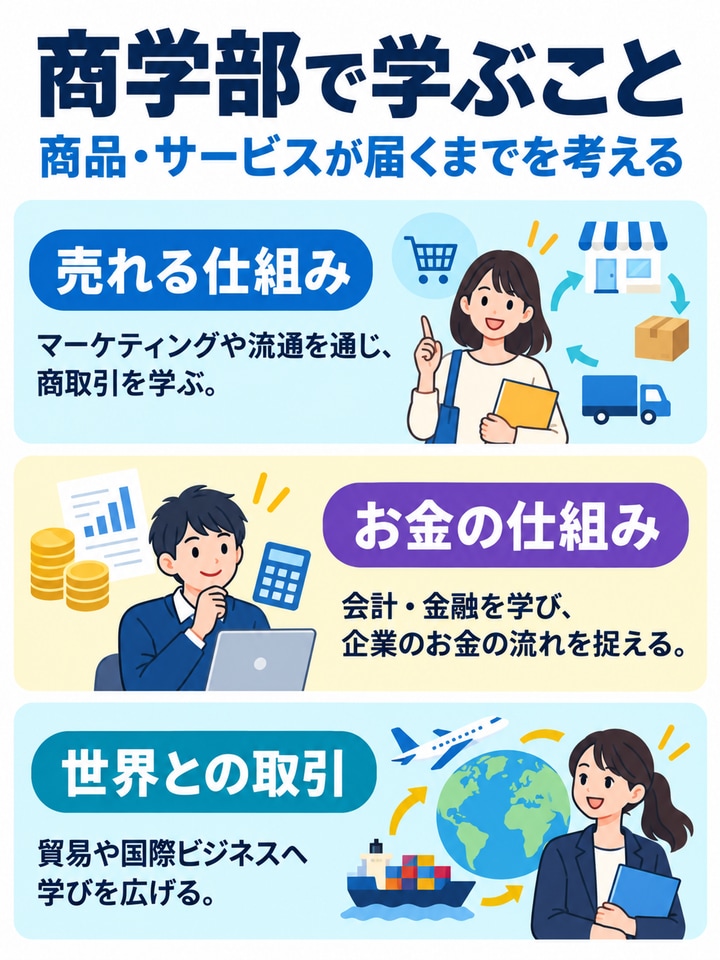商学部で学ぶことを解説する図。売れる仕組み、お金の仕組み、世界との取引。